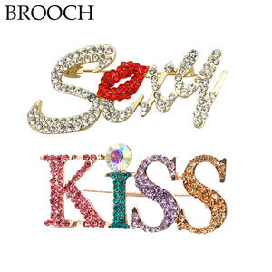 Sexy Kiss Rhinestone Brooch Crystal Jewelry Letter Pins Buckle