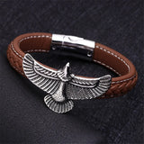 Brown Braided Leather Wrap Bracelet Flying Eagle Stainless Steel Magnet