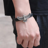 Brown Braided Leather Wrap Bracelet Flying Eagle Stainless Steel Magnet