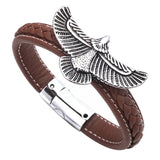 Brown Braided Leather Wrap Bracelet Flying Eagle Stainless Steel Magnet