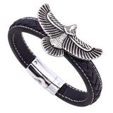 Brown Braided Leather Wrap Bracelet Flying Eagle Stainless Steel Magnet
