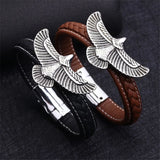 Brown Braided Leather Wrap Bracelet Flying Eagle Stainless Steel Magnet