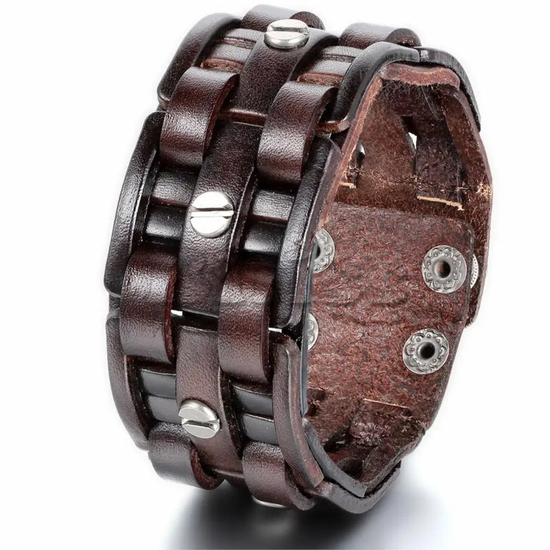 Brown Leather Punk Cuff Bracelet for Men 9.7 inch