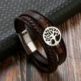 Brown Life Tree Stainless Steel Men Bracelet Ethnic Leather Bracelet