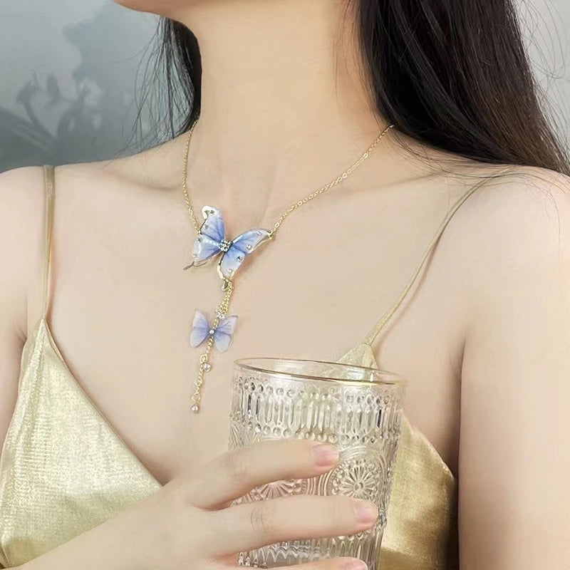 Small Butterfly Pendant Necklace Collar Chain, Summer Jewelry