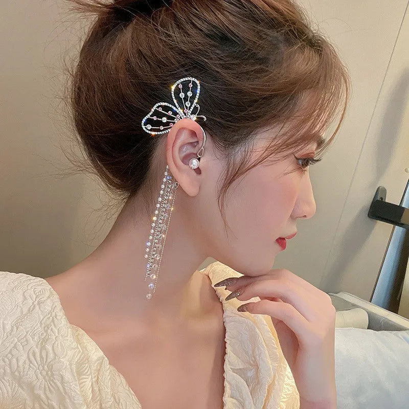 Butterfly Tassel Earrings with Pearl Rhinestones