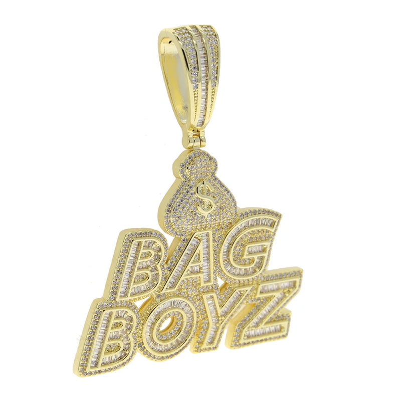 CZ Letters Bag Boyz Pendant Necklace Iced Out Bling 5A Cubic Zircon