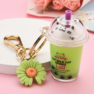 Cartoon Cat Car Keychain Mini Milk Tea Cup Keychain