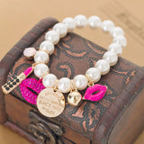 Rhinestone Red Lips Lipstick Pearl Bracelet Accessories