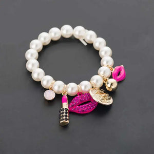 Rhinestone Red Lips Lipstick Pearl Bracelet Accessories