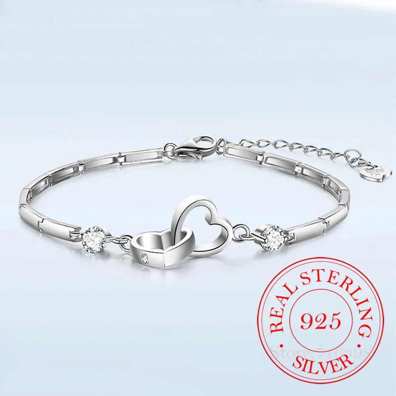 925 Silver Bracelet CZ Double Heart Jewelry Women's Gift