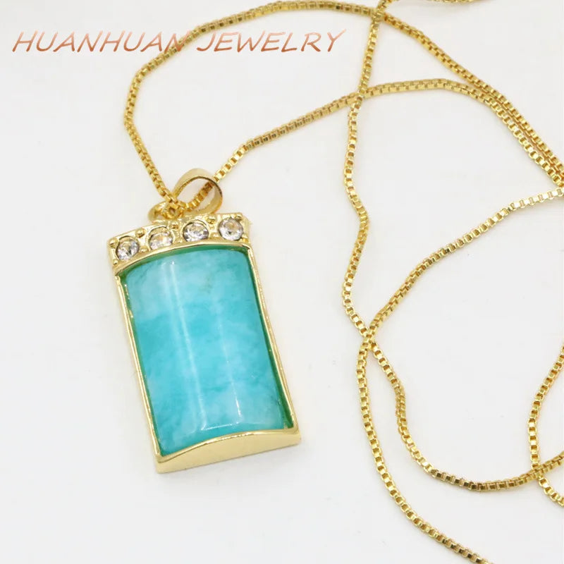 Jades Stone Pendant Chain Necklace Stainless Steel Crystal Gold Jewelry