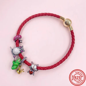 925 Silver Round Button Braided Rope Bracelet for Ladies Beaded DIY Bracelet