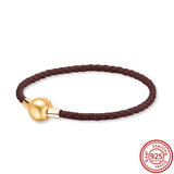 925 Silver Round Button Braided Rope Bracelet for Ladies Beaded DIY Bracelet