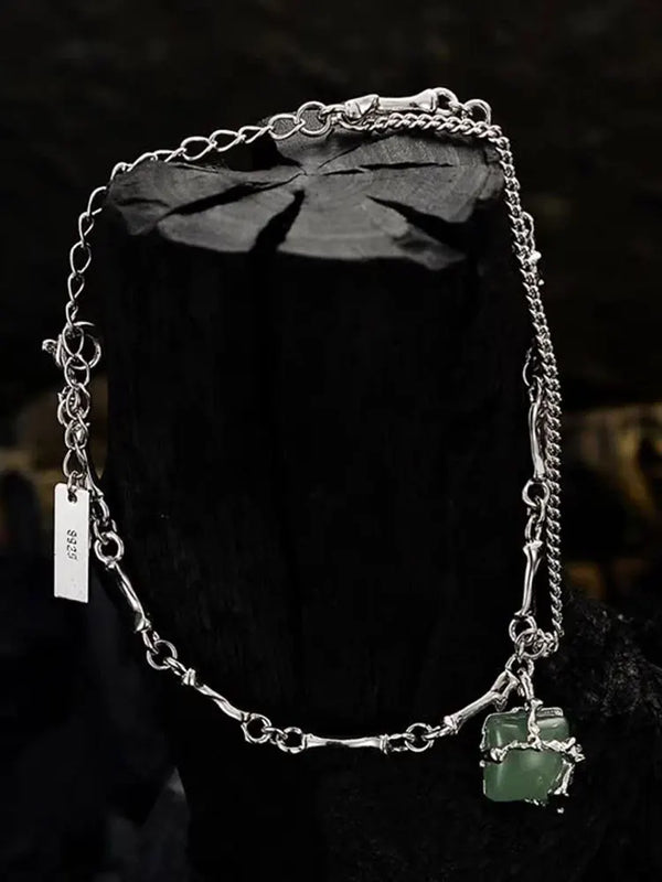 Green Dongling Jade Bracelet S925 Silver Bamboo Knot Winding Square Bead