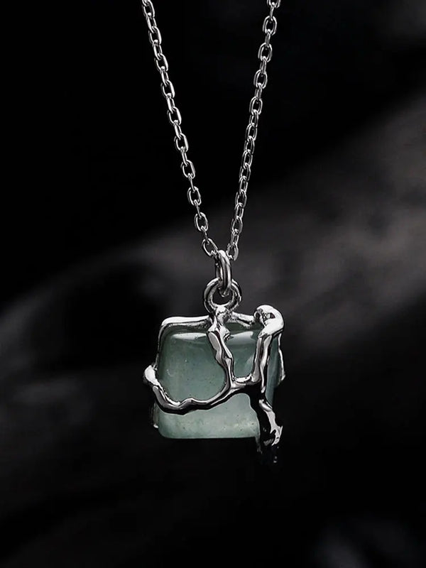 S925 Sterling Silver Green Jade Pendant Necklace Women's National Style