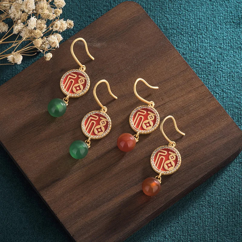 Chinese Style Enamel Drop Glaze Blessing Character Earrings