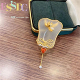 Chinese Style Gold-plated Crystal Fan Brooch Gift for Elders