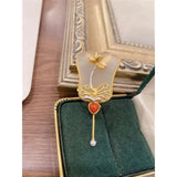 Chinese Style S925 Silver Gilding Crystal Jade Palm-Leaf Fan Brooch