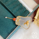 Chinese Style S925 Silver Gilding Crystal Jade Palm-Leaf Fan Brooch