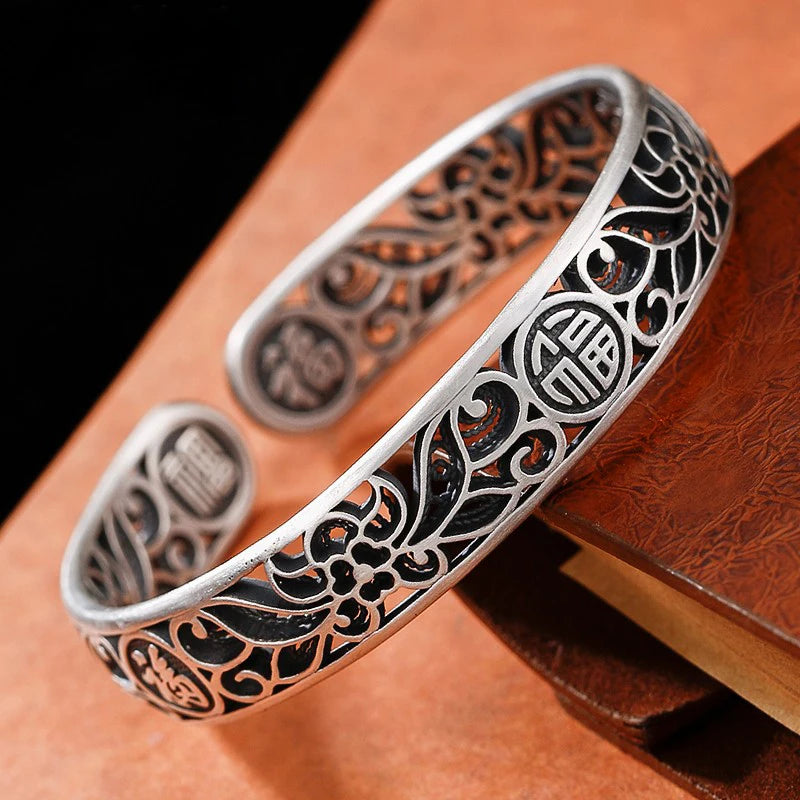 Chinese Silver Bracelet, Retro Flower Open Bangle, Jewelry Accessories