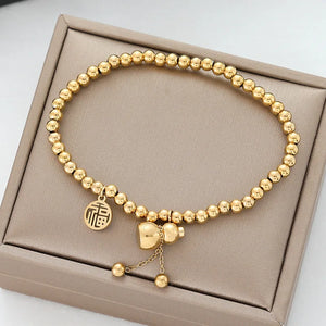 Chinese Style Vintage Lucky Gourd Pendant Steel Beads Chain Bracelet