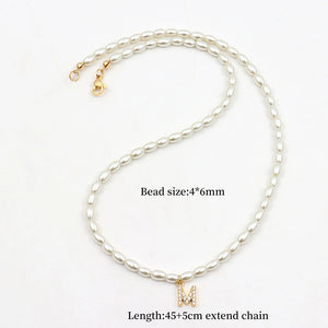Classic Initial Letter Pendant Necklace Rice Shape Pearl Bead for Women