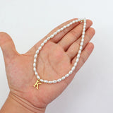 Classic Initial Letter Pendant Necklace Rice Shape Pearl Bead for Women