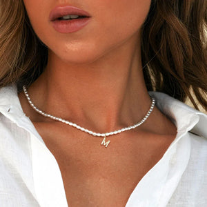 Classic Initial Letter Pendant Necklace Rice Shape Pearl Bead for Women