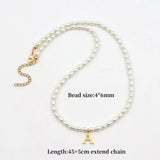Classic Initial Letter Pendant Necklace Rice Shape Pearl Bead for Women