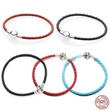 925 Sterling Silver Barrel Buckle Leather Bracelet for Charm Beads DIY