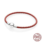 925 Sterling Silver Barrel Buckle Leather Bracelet for Charm Beads DIY