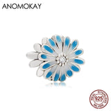 Enamel Daisy Flower Charm for Bracelet - Sterling Silver Plant Bead