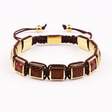 Brown Leather Brass Square Handcraft Macrame Bracelet Men Jewelry