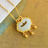 Chinese Style Silver Inlaid Hetian Jade Ruyi Pendant Necklace