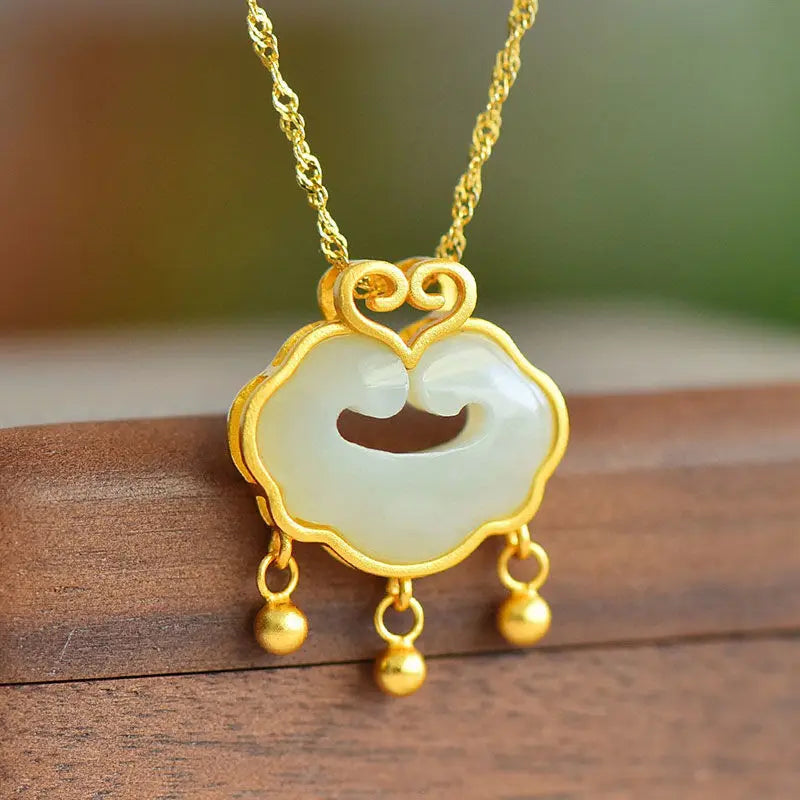 Chinese Style Silver Inlaid Hetian Jade Ruyi Pendant Necklace