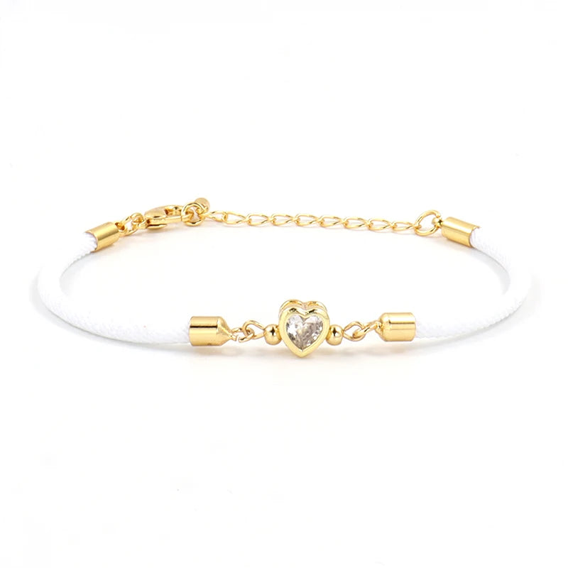 Heart Charm Bracelet Pave Zirconia Colorful Adjustable Rope Bracelet