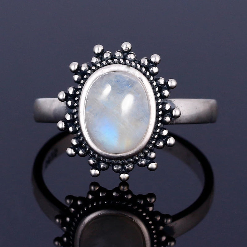 Moonstone Silver Ring Retro Sun Shape Women's Wedding Jewelry