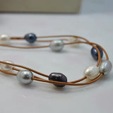 3-Row Gray Freshwater Pearl Leather Necklace