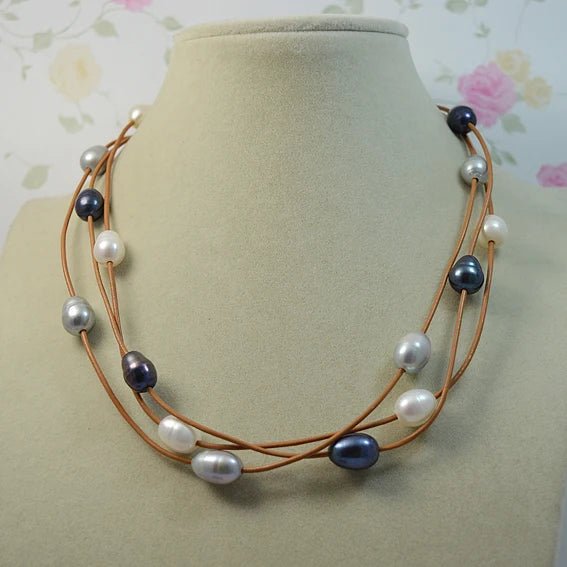 3-Row Gray Freshwater Pearl Leather Necklace