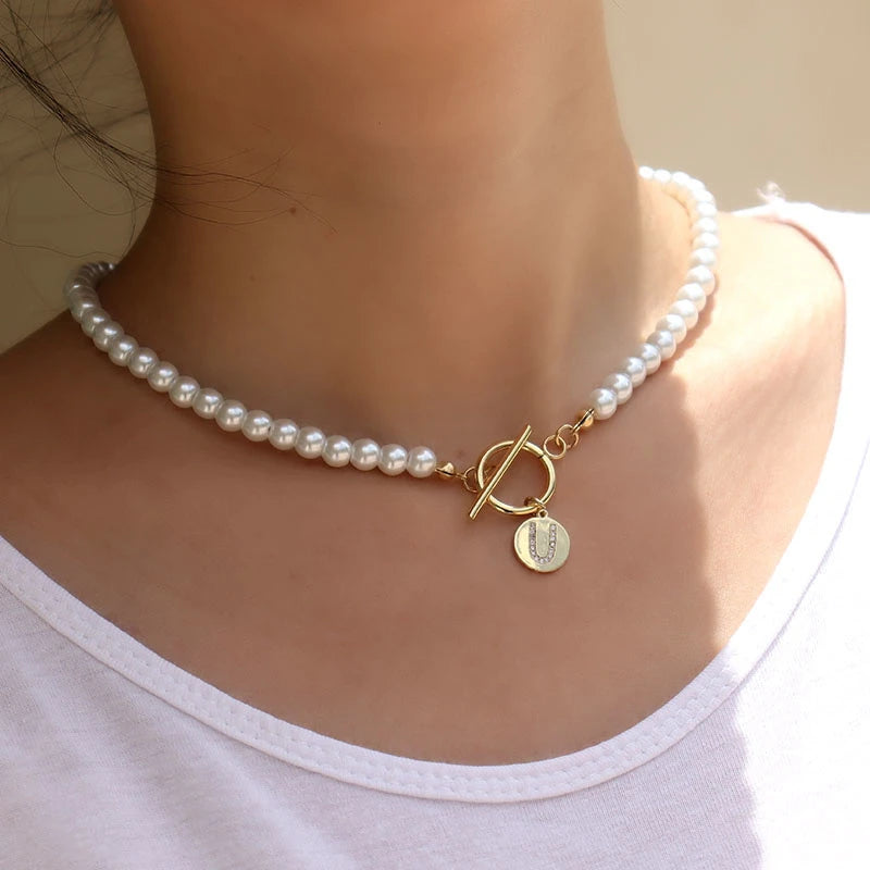 Letter Pendant Necklace Women Pearl Beaded Necklace