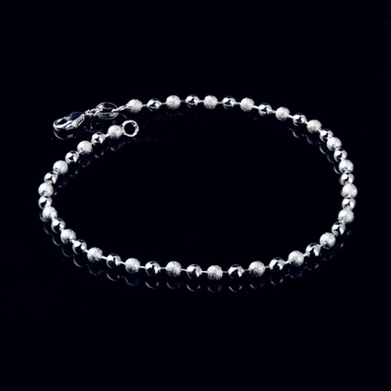 925 Sterling Silver Round Ball Bead Anklet for Women