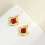 Retro Style Red Tourmaline Square Earrings