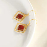 Retro Style Red Tourmaline Square Earrings