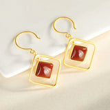 Retro Style Red Tourmaline Square Earrings
