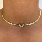 4MM Snake Chain Choker with Green Evil Eye Charm