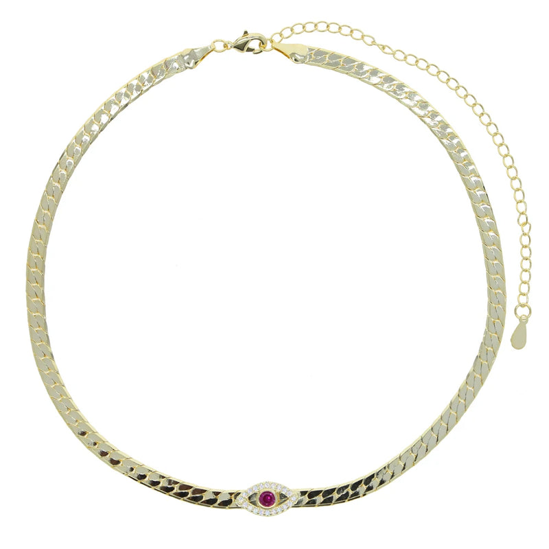 4MM Snake Chain Choker with Green Evil Eye Charm