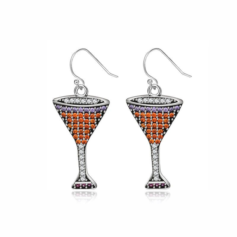 Champagne Glasses Drop Earrings 925 Sterling Silver Zircon Party Jewelry