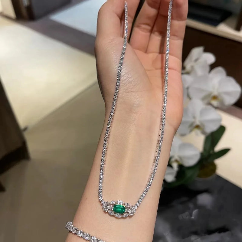 925 Stamp Diamond Emerald Green Zircon Necklace