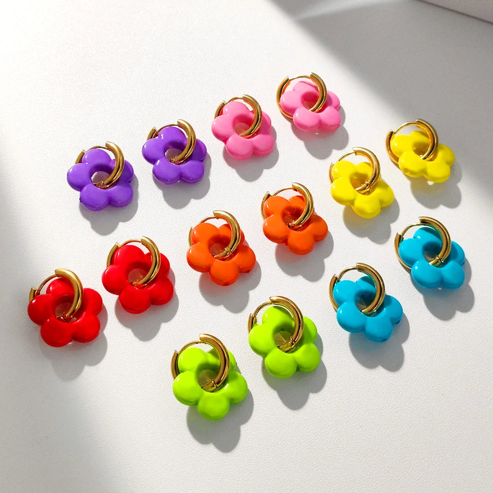 Colorful Acrylic Resin Flower Hoop Earrings Stainless Steel Circle Earring